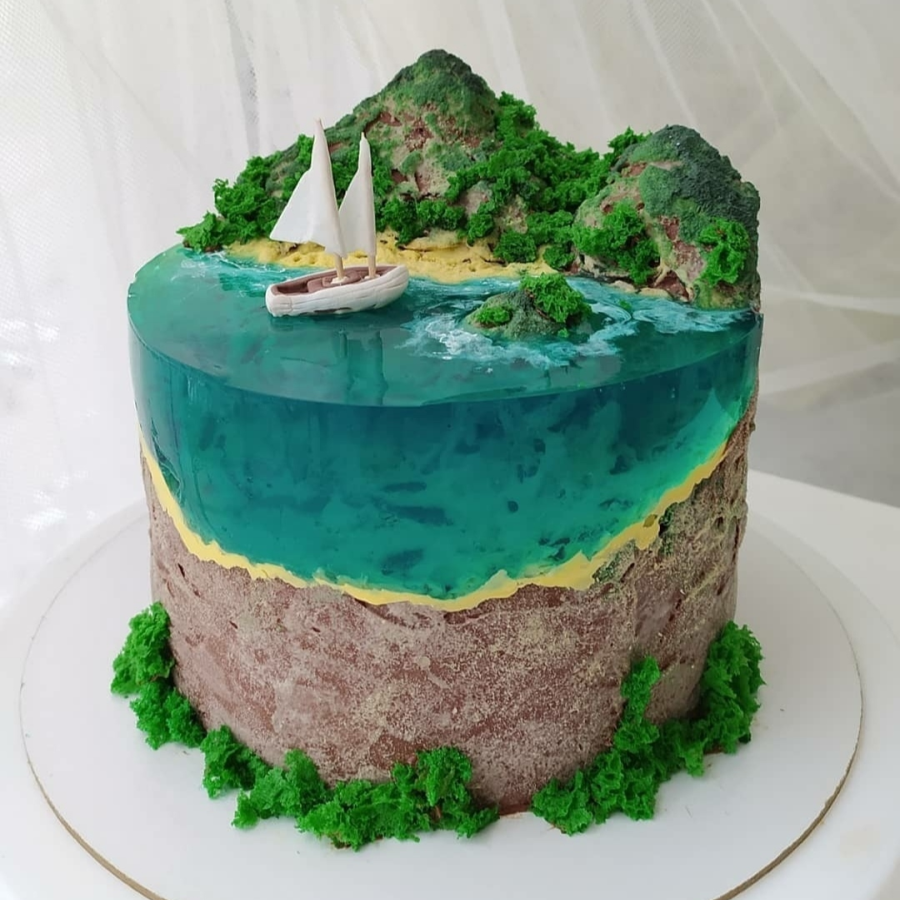 Желейное море. Торт остров Виллафранка. Мох для торта. Торт остров с желе МК. Торт море.