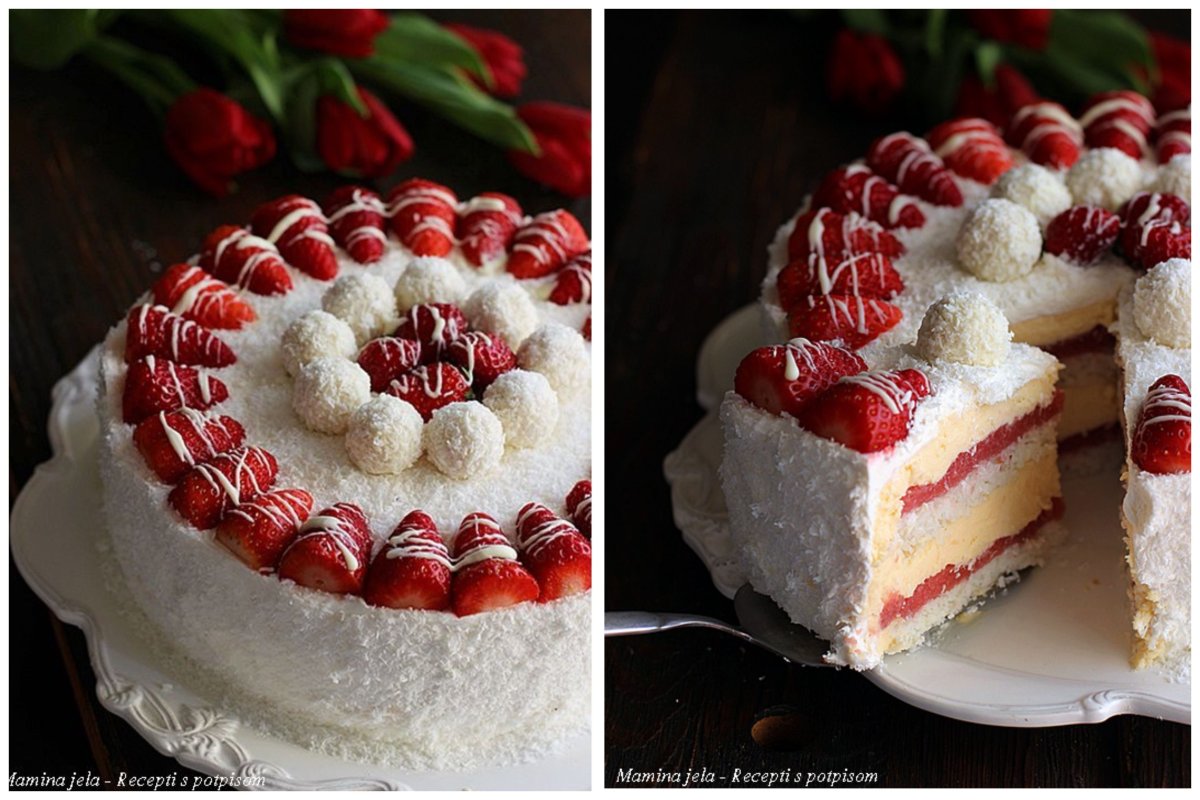 Декор торта клубникой и Рафаэлло