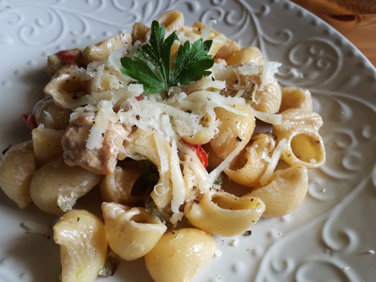 Макароны с курицей и грибами