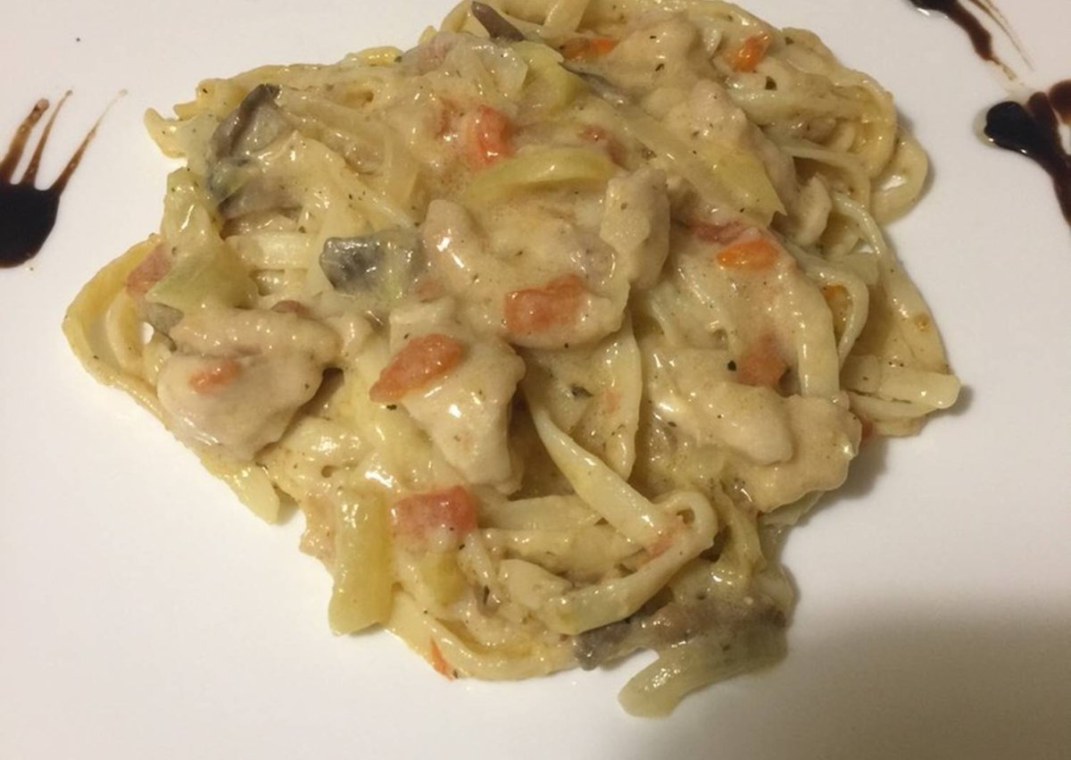 Паста с курицей и грибами в сливочном соусе пошаговый